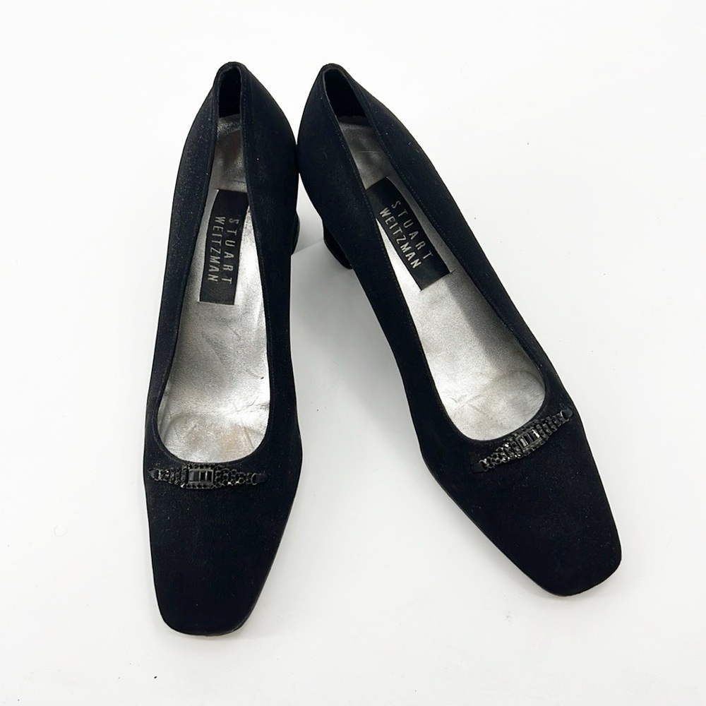 Stuart Weitzman Black Fabric Rhinestone Detail block heel size 9.5 Vintage - Picture 9 of 14